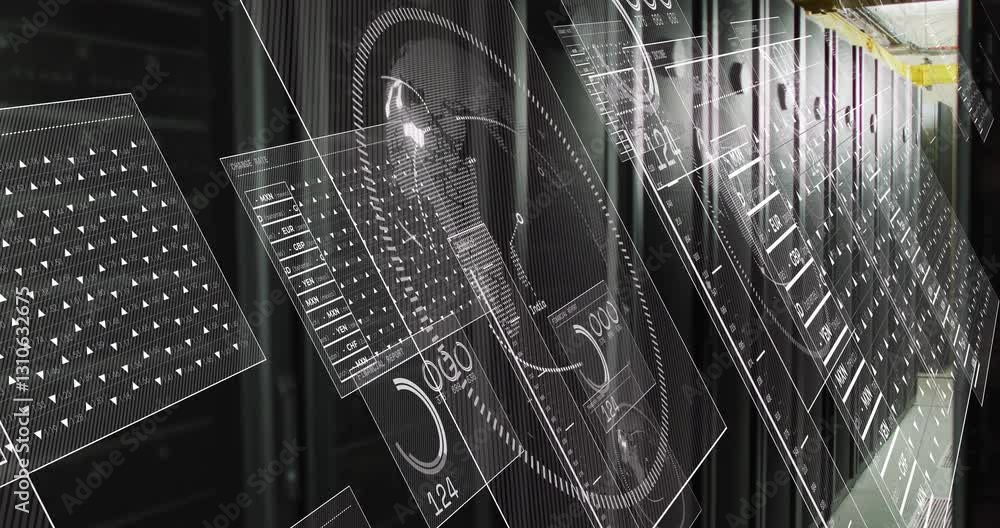 Poster data and graphs animation overlaying server room with futuristic digital interface