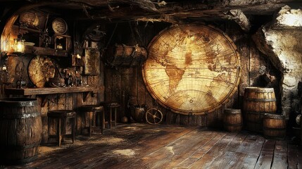 Nostalgic Pirate Cove Interior Featuring Faded World Map Decor