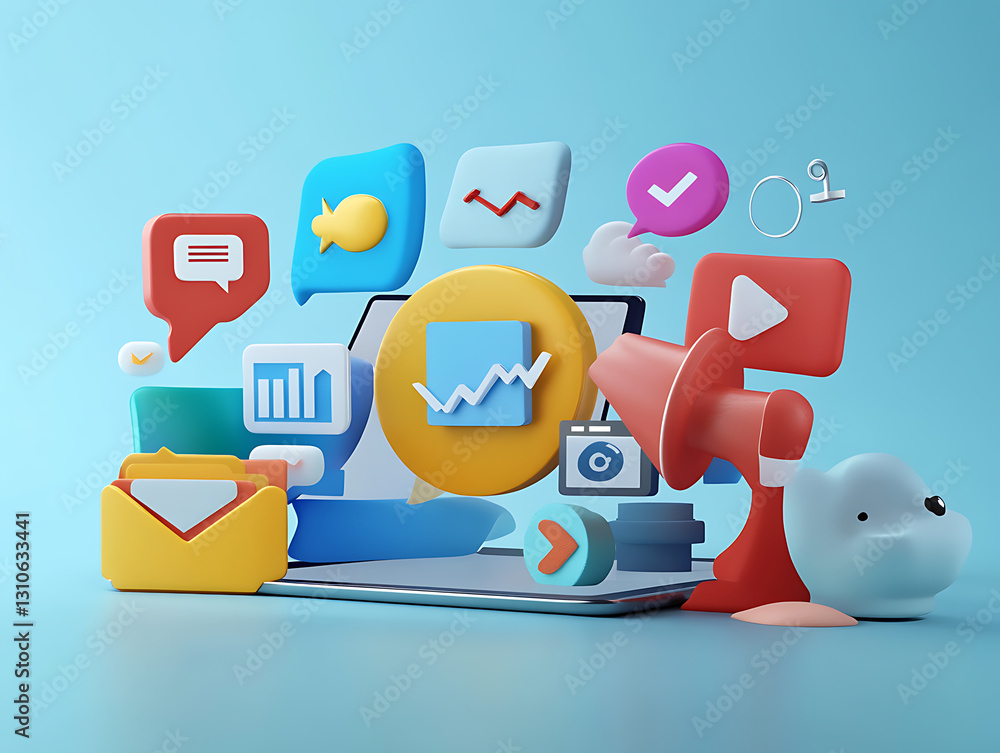 Poster digital marketing tools showcase virtual space 3d graphics colorful environment creative perspective