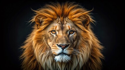 Fototapeta premium Majestic Lion Head Portrait: Dark and Dramatic Black Background Fashion Photography