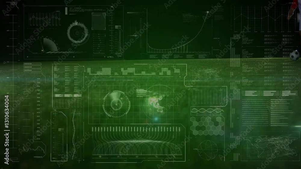Poster animation of futuristic digital interface with data charts and world map displayed