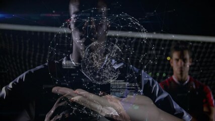 On field, soccer players interacting with digital network and animation overlay - Powered by Adobe
