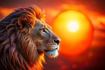 Naklejka premium Majestic Lion Profile Against Red Sunset, Tilt-Shift Miniature Photography