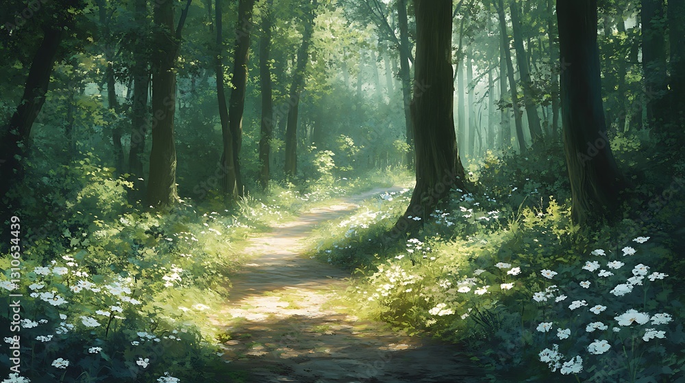 Poster a serene and welcoming image of a meandering brook flowing through a woodland, showcasing gentle ray