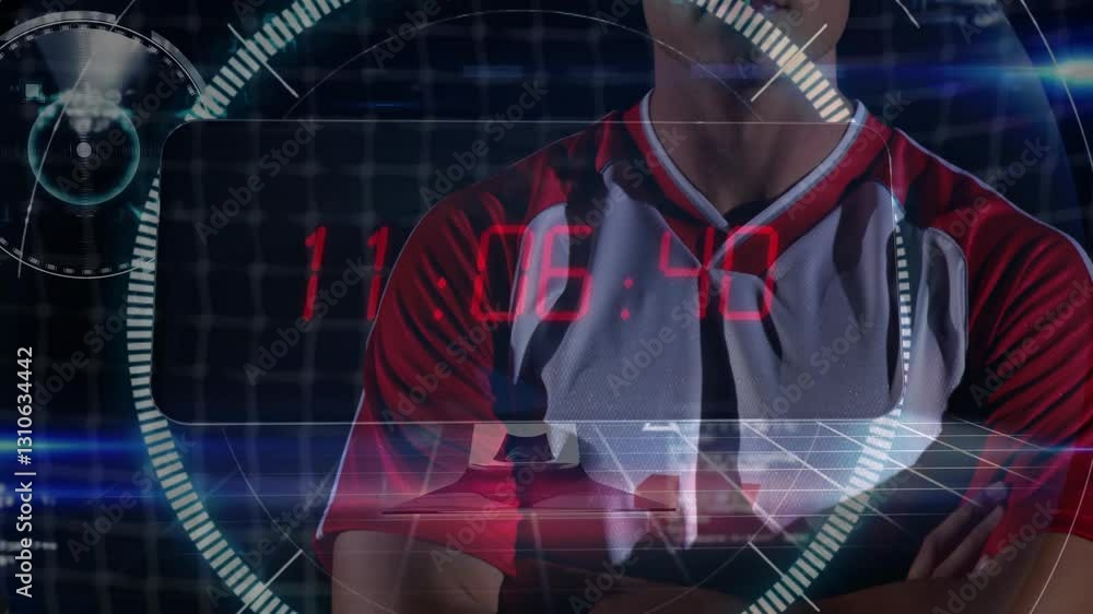 Poster animation of digital countdown timer overlaying soccer player in red and white jersey