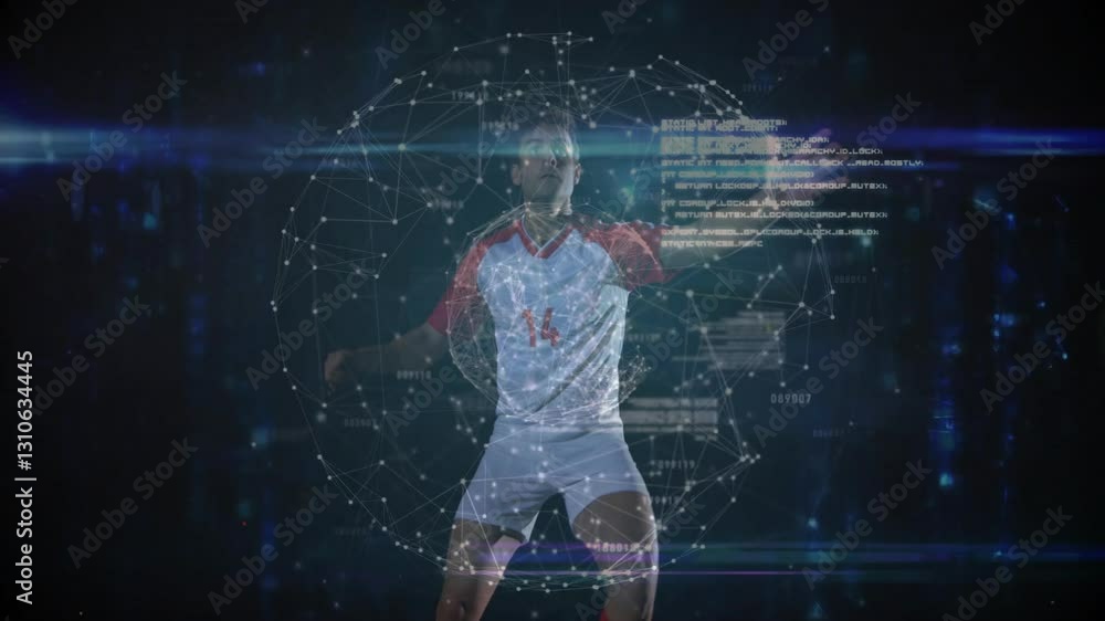 Poster soccer player in action with digital network and data overlay animation