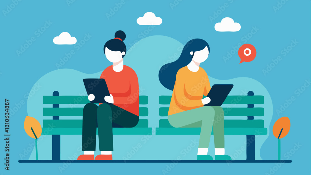 Poster the comparison trap two influencers sitting on a bench each scrolling through their feeds looking in