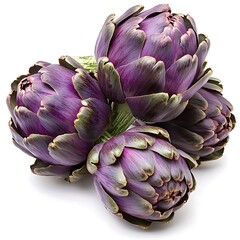 Obraz premium Fresh purple artichokes, with vibrant color and smooth textures, perfect for a healthy meal display The artichokes are isolated on white background