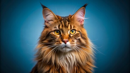 Fototapeta premium Majestic Maine Coon Cat Close-Up: Fluffy Brown Fur, Blue Background