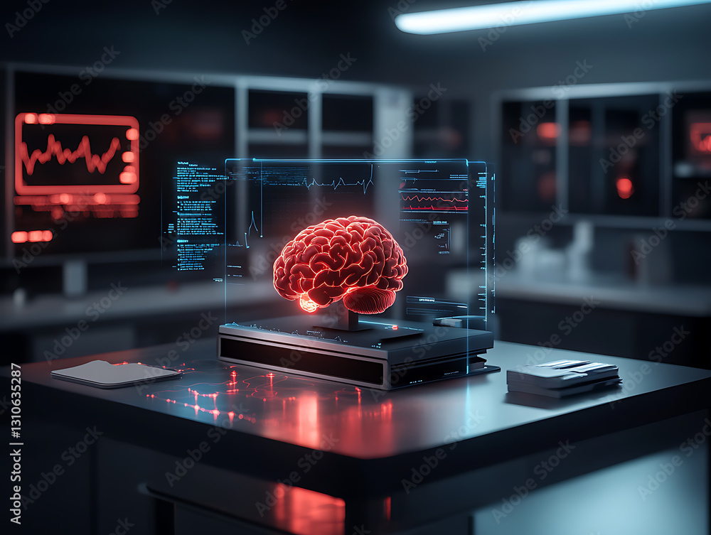 Poster exploring neural interfaces research lab 3d visualization scientific environment close-up perspectiv