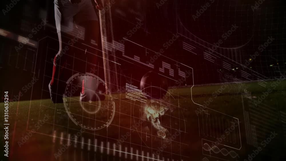 Poster animation overlaying golfer playing on grass with futuristic data graphics