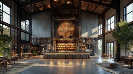 Industrial Warehouse Interior with Steel Details and Rustic Charm