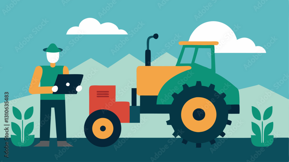 Poster technology gap a large hightech corporate tractor working efficiently in the background while a smal