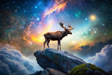 Majestic Moose on Rocky Outcrop: Double Exposure Wildlife Stock Photo