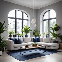 Modern Living Room Interior with Large Windows and Greenery