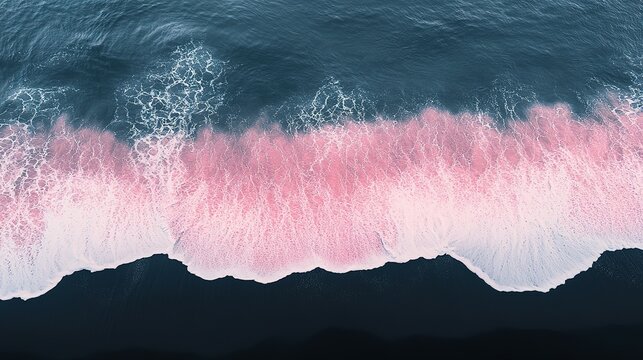 Aerial view of breaking ocean waves over a black beach
