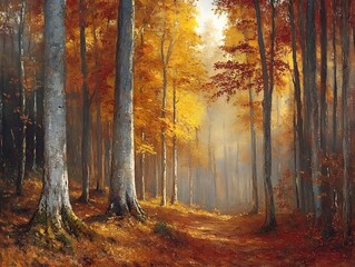 Obraz premium Enchanting Autumn Forest Path with Vibrant Fall Foliage and Warm Sunlight
