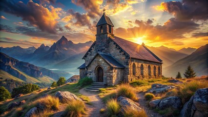 Naklejka premium Majestic Mountain Church Landscape: Rural Serenity and Architectural Grandeur
