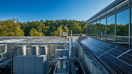 Naklejka premium Aerial view of a large-scale data center powered by sustainable energy with solar panels on the roof, surrounded by greenery. Industry and sustainability background concept 