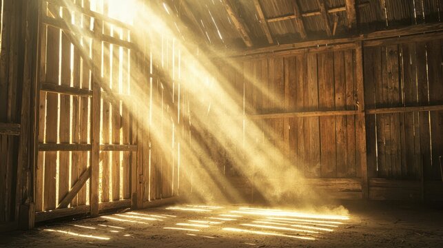 Sunlight Streaming Through Wooden Beams in Rustic Barn Interior