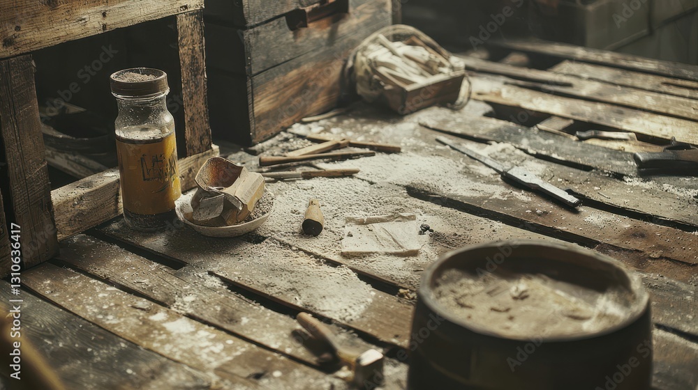 Poster rustic workshop setting with scattered tools and pallet wood details