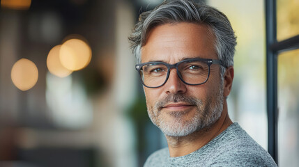 Portrait of a confident, middle-aged business man with glasses and gray hair, generative AI