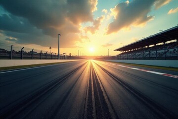 Fototapeta premium Golden Hour on the Asphalt Race Track A Breathtaking Sunset View of a Racing Circuit with Spectators