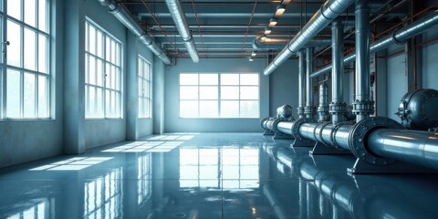 Industrial Facility with Expansive Windows and Sleek Metallic Piping System