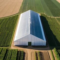 Aerial View of Modern Greenhouse in Agricultural Field
