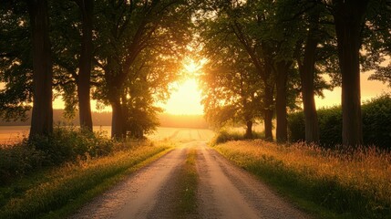 Obraz premium Serene Country Road at Crossroads with Tall Trees and Sunset Light