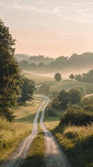 Serene Countryside Crossroads with Gentle Hills and Morning Fog