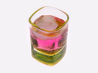 Colorful layered drink with ice. This photo is perfect for cocktail menus, beverage promotions, or social media content celebrating colorful drinks and mixology.