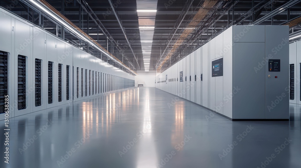 Poster modern data center interior with serene and precise distribution layout