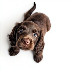 cute brown cocker spaniel puppy playing on a white background