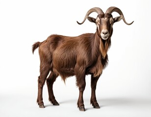 Fototapeta premium Brown Goat with Long Horns, Isolated on White Background