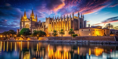 Majestic Palma Cathedral Night Photography: Illuminated Gothic Architecture in Mallorca