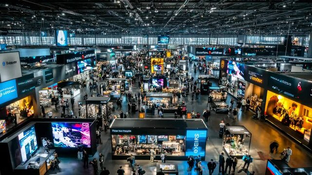 High-angle shot of a bustling tech expo, showcasing vibrant booths and crowds. The video captures innovation and networking in a modern setting.