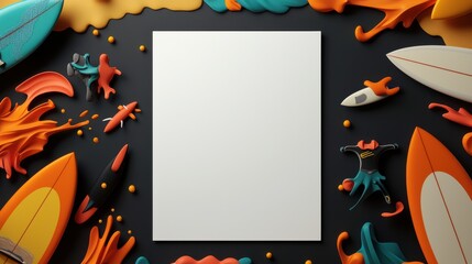 Blank Paper Surrounded by Colorful Surfboards on Sandy Beach Setting