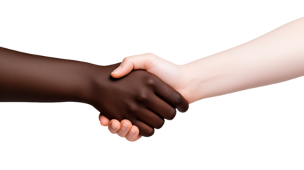 Handshake between two people of different skin colors isolated on white background