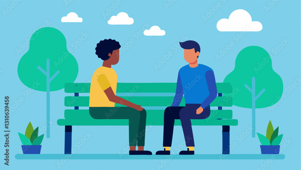 Poster supportive conversations two employees sitting on a bench in an office park having a supportive and 