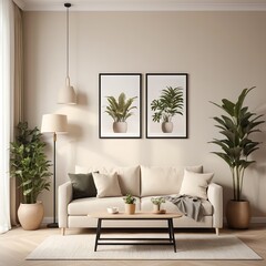 Modern Beige Living Room Interior with Plants and Minimalist Decor