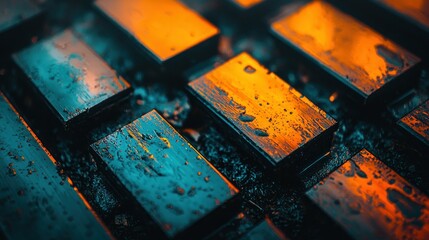 Reflective metal blocks with water droplets in orange & teal lighting