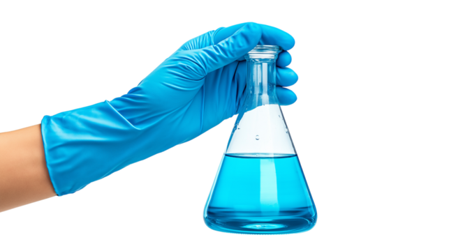 Gloved hand holding laboratory flask with blue liquid isolated on white background