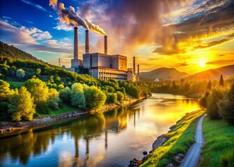 Obraz premium Majestic River Landscape with Modern Thermal Power Plant