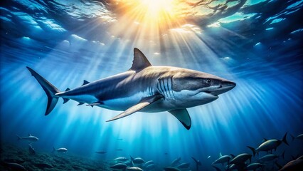 Obraz premium Majestic Shark Gracefully Swimming in the Ocean Depths: A Documentary Photography Style Image