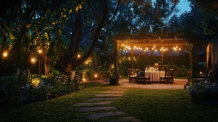 Fototapeta premium Serene Outdoor Event Space Illuminated at Night with Warm Lights