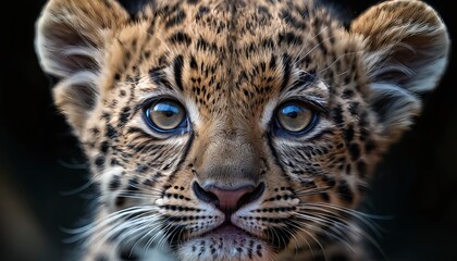 Fototapeta premium Close-up Portrait of a Leopard Cub with Striking Blue Eyes