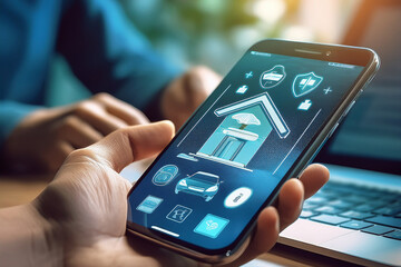 Teléfono inteligente mostrando una app de seguros con opciones de cobertura y asistencia