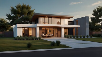 Generative AI exterior concept drawing of a contemporary, minimalist, and comfortable home in 3D rendering style