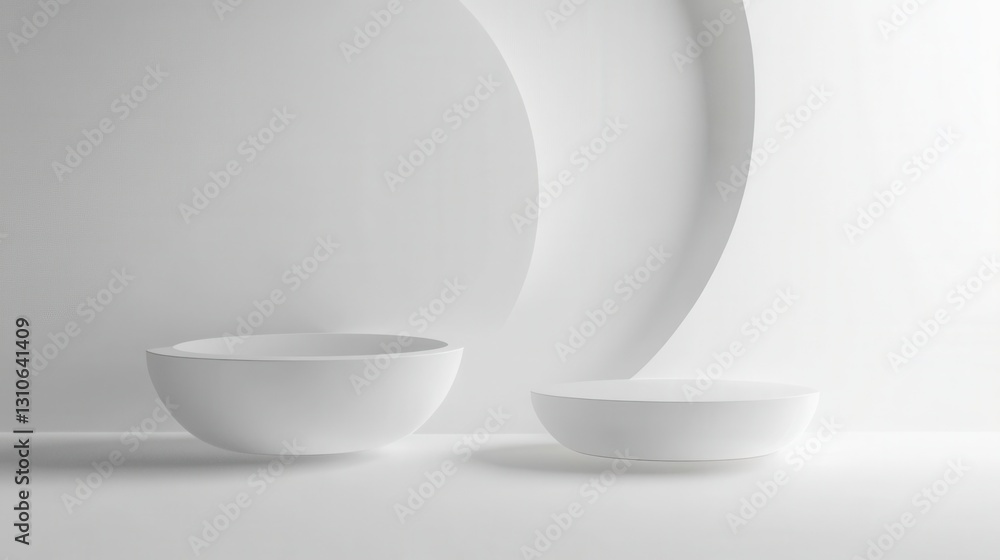 Leinwandbilder Floating 3D shapes in a minimalist composition showcasing soft shadows and elegant light reflections against a white background